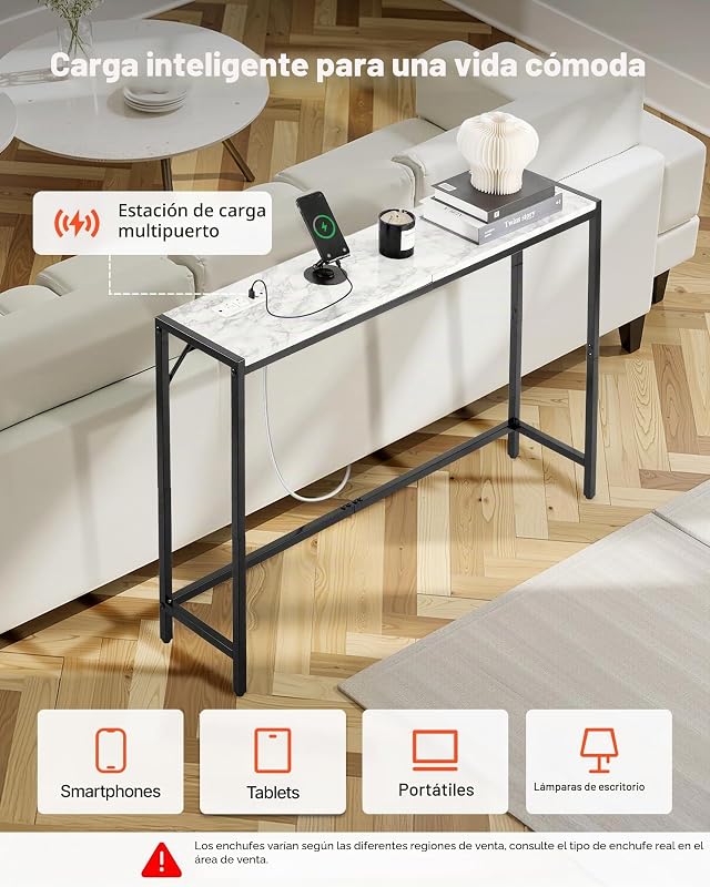 Consola de Mármol Estrecha y Larga con Toma de Corriente 110x23,9x74,2 cm Mesa Auxiliar de Sofá con Tubos de Hierro Dispositivo Antivuelco Soporta hasta 20 kg para Salón, Entrada, Recibidor