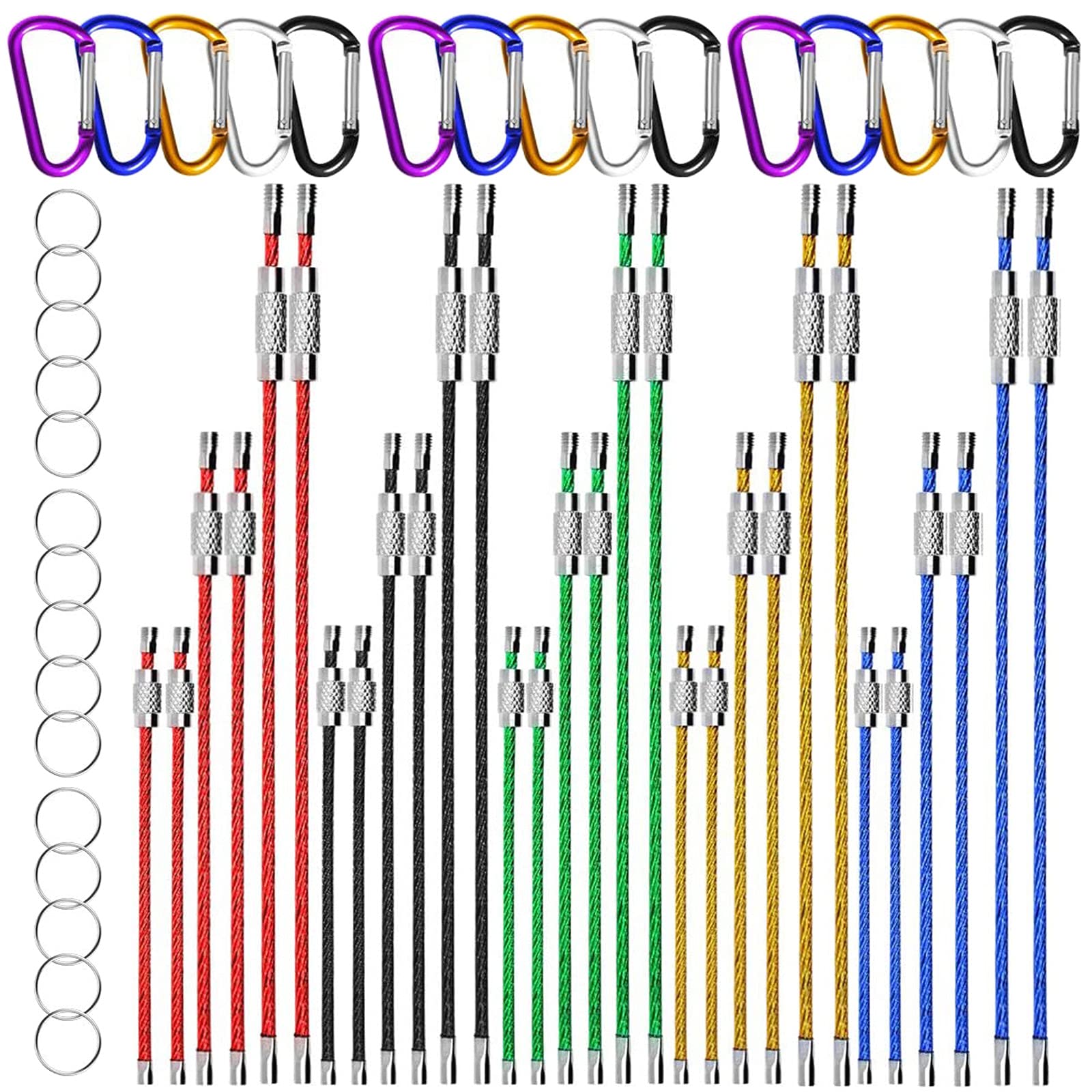 GTIWUNG 30 Pack 10CM/15CM/20CM Wire Keychain Multi-Color Metal Cable Keyrings Loop for Outdoor Hiking Luggage Tags + 15 Pcs 5CM/8CM D-ring Carabiners + 15Pcs Stainless Steel Key Rings