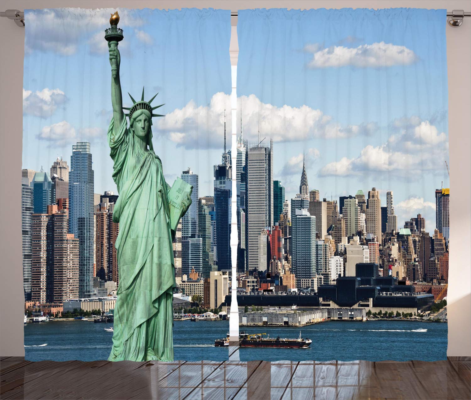 ABAKUHAUS New York Curtains, Liberty in NYC Harbor Urban City Print Famous Cultural Landmark Picture, Living Room Bedroom Window Drapes 2 Panel Set, 280 x 245 cm, Blue Teal