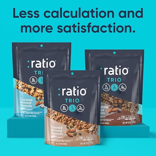 RATIO TRIO TOASTED ALMOND GRANOLA CEREAL, 1G SUGAR, KETO FRIENDLY, 8 OZ RESEALABLE BAG