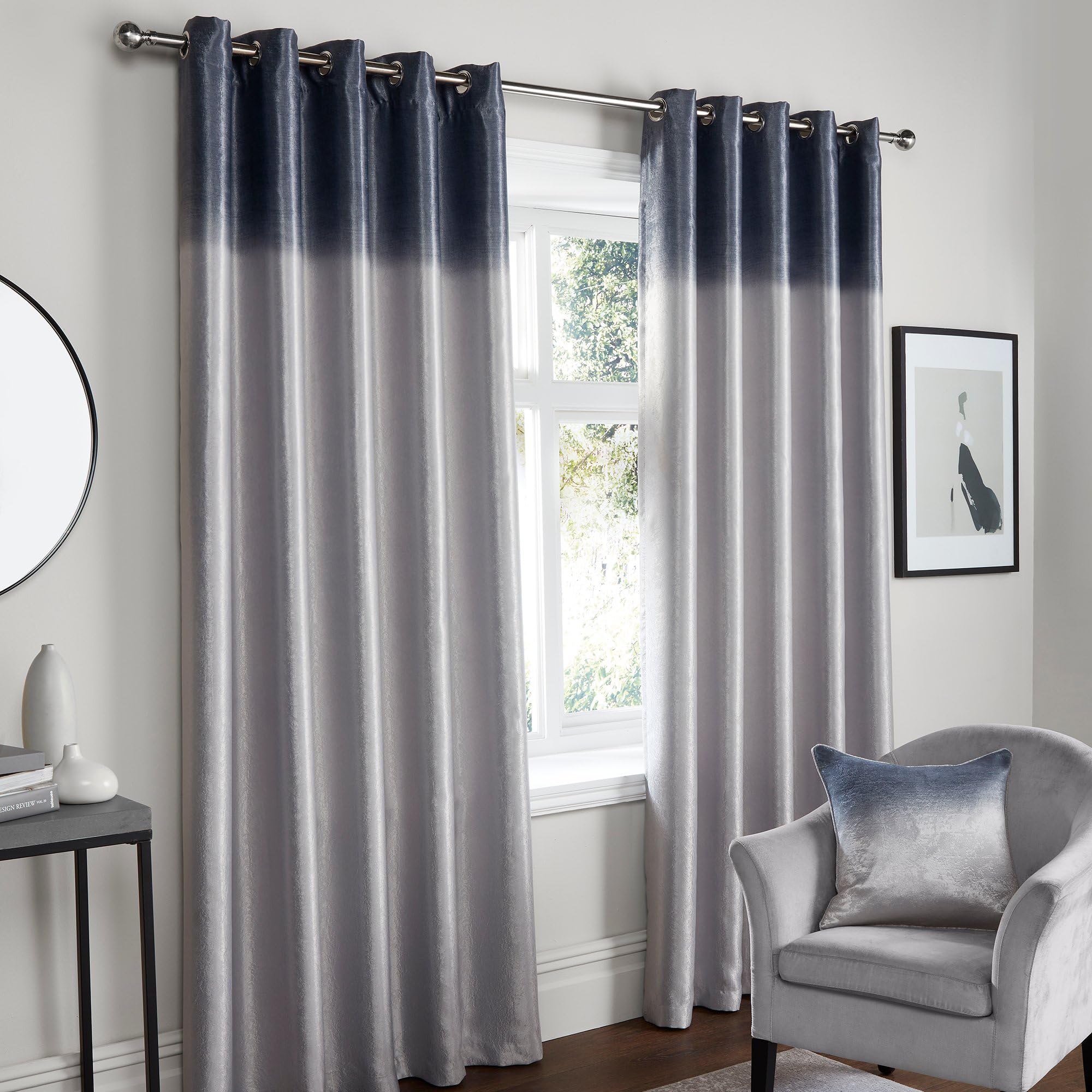 Fusion - Grey Ombre Curtains W46 x L54 (117 x 137cm) - 2 Panels - Natural Two Tone Gradient Eyelet Drapes - Luxury Shimmer Curtains for Bedroom/Living Room