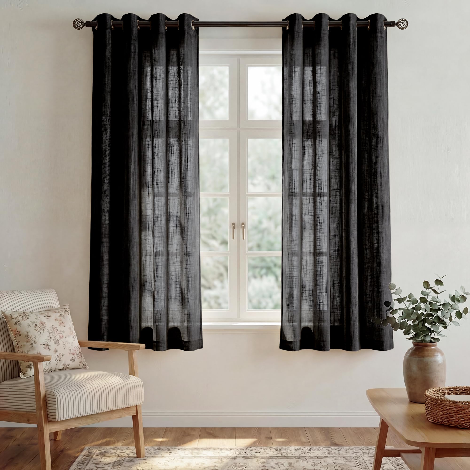 PONY DANCE Voile Curtains Bedroom 54 Inch Drop, Semi Sheer Faux Linen Curtains Pair Kitchen Window Treatment Home Decoration Heavy Duty Net Sheer for Living Room, 52 Inch Width, Black​ — image 1