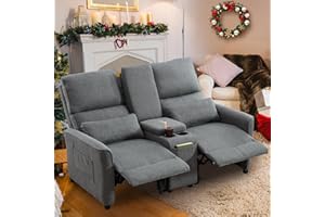 SENIFIS Loveseat Recliner Sofa, Push Back Double Wall Hugger Reclining Sofa Chair with Console, 2 Seat Linen Home Theater Seating with Cup Holder, Manual Comfy RV Furniture Sofa for Living Room, Grey