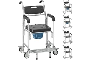 HOMCOM 4-in-1 Bedside Commode Chair with Wheels, Rolling Shower Chair with 17" Wide Padded Seat, Backrest, Arms, Shower Commo