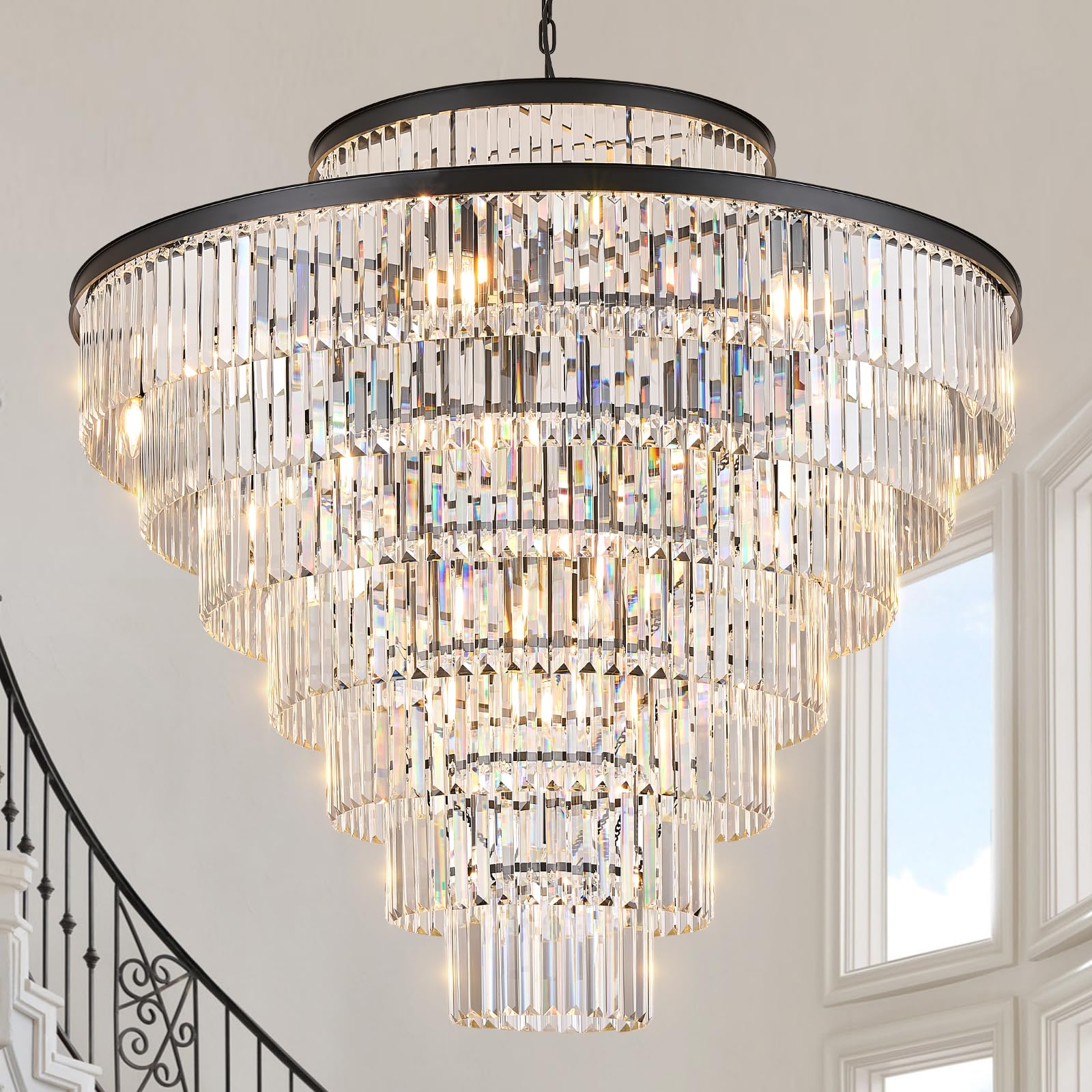 View 1 of ***TRUCK/TRAILER PICKUP ONLY***43.3" Large Crystal Chandeliers 28 Lights Black Modern Chandelier for Foyer Staircase High Ceiling 8 Tiers Round K9 Ceiling Pendant Lighting Fixture Luxury for Lobby Living Room