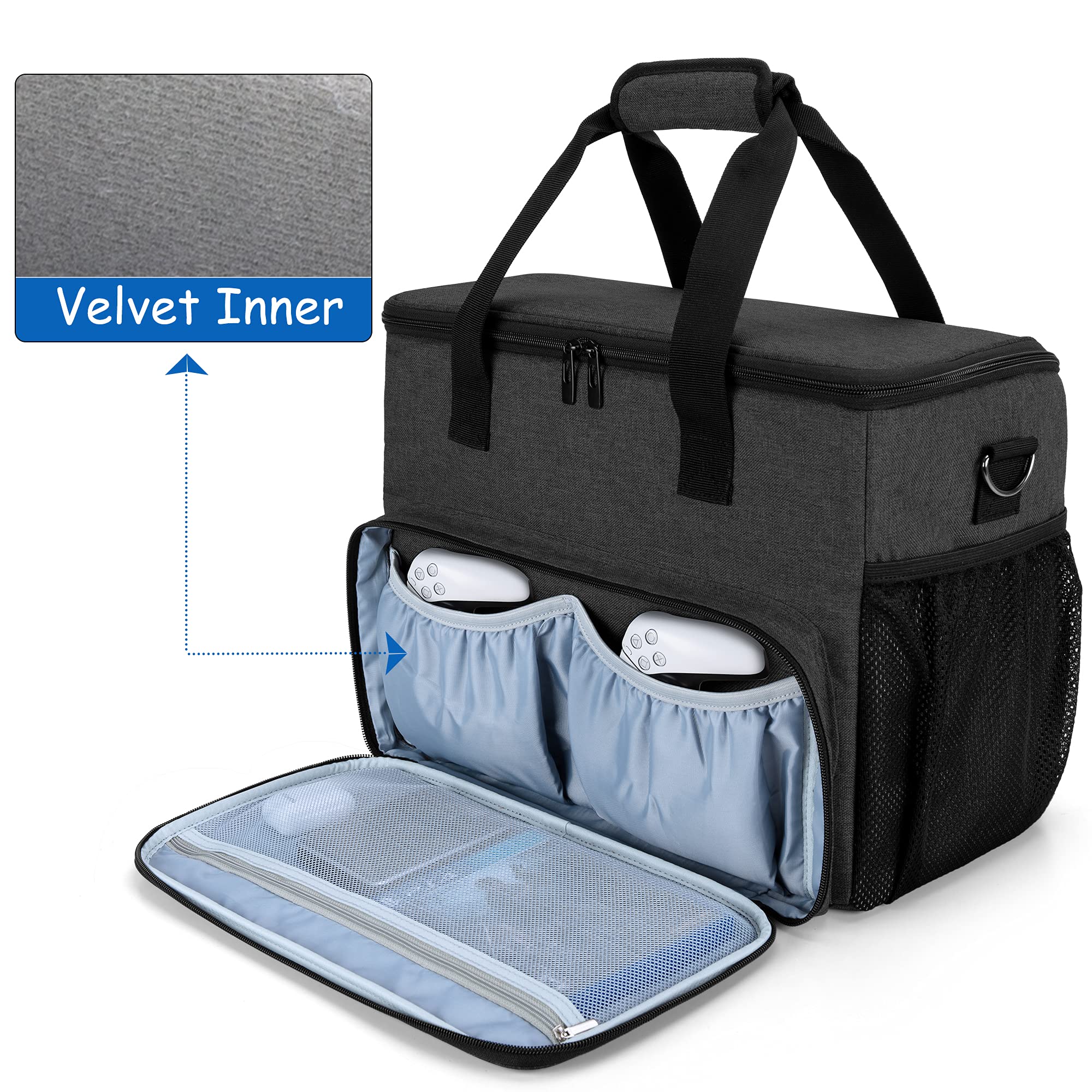 CURMIO Tragetasche für PS5, PS4, PS4 Pro, Xbox Series S, Xbox One and Xbox 360, Tragebare Aufbewahrungstasche für PlayStation Konsole, PS5 Reisetasche für Controller, Kabel (Leere Tasche), Schwarz 3