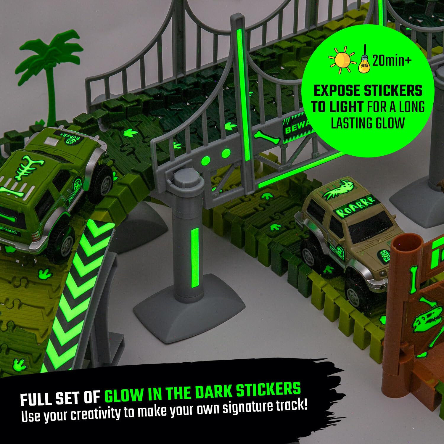 JITTERYGIT Dinosaur Jurassic Race Track Train Glow in The Dark World Toy Set, Kids Dino Racetrack Park Includes T-Rex & Triceratops Playset - Best Birthday Gift for Boys & Girls 3 4 5 6 7 8 Year Old