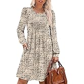 OFEEFAN Long Sleeve Dress for Women Pleated Crew Neck Casual Babydoll Sweater Dress with Pockets Fall Outfits Fashion
