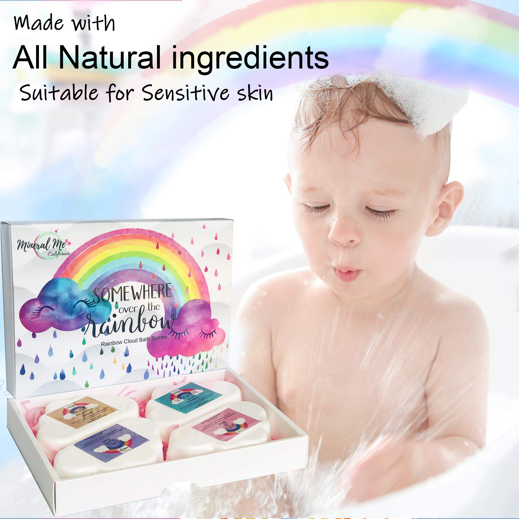 Rainbow Bath Bombs for Kids- Natural and Organic Bubble Bath Bombs w/Moisturizing Shea Butter and Natural Oils, 4 Large Unicorn Cloud Bath Bombs for Girls, Boys, Women, Birthday Gift for Her