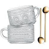 Gezzeny Vintage Glass Coffee Mugs 14 Oz Set of 2 Clear Embossed Tea Cups, Glass Coffee Cups for Cappuccino, Latte, Cereal, Yo
