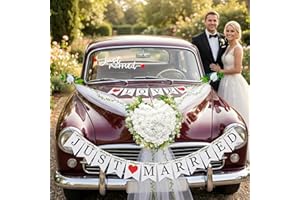 Wedding Car Decorations Kit - Artificial White Rose Heart Wreath with Tulle & Greenery Vines, Just Married Banners - Complete