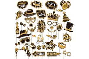 38-Piece Black & Gold Photo Booth Props Kit – DIY Party Decoration Set with Ties, Glasses, Crowns, Mustaches, Hats, and Bambo