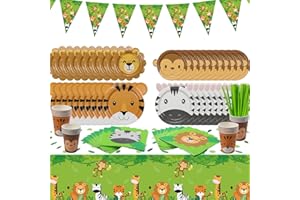 Jungle Safari Party Decorations - Include Cute Tiger Plates, Jungle Tablecloth, Animal Flag, Napkins, Cups, Safari Theme Part