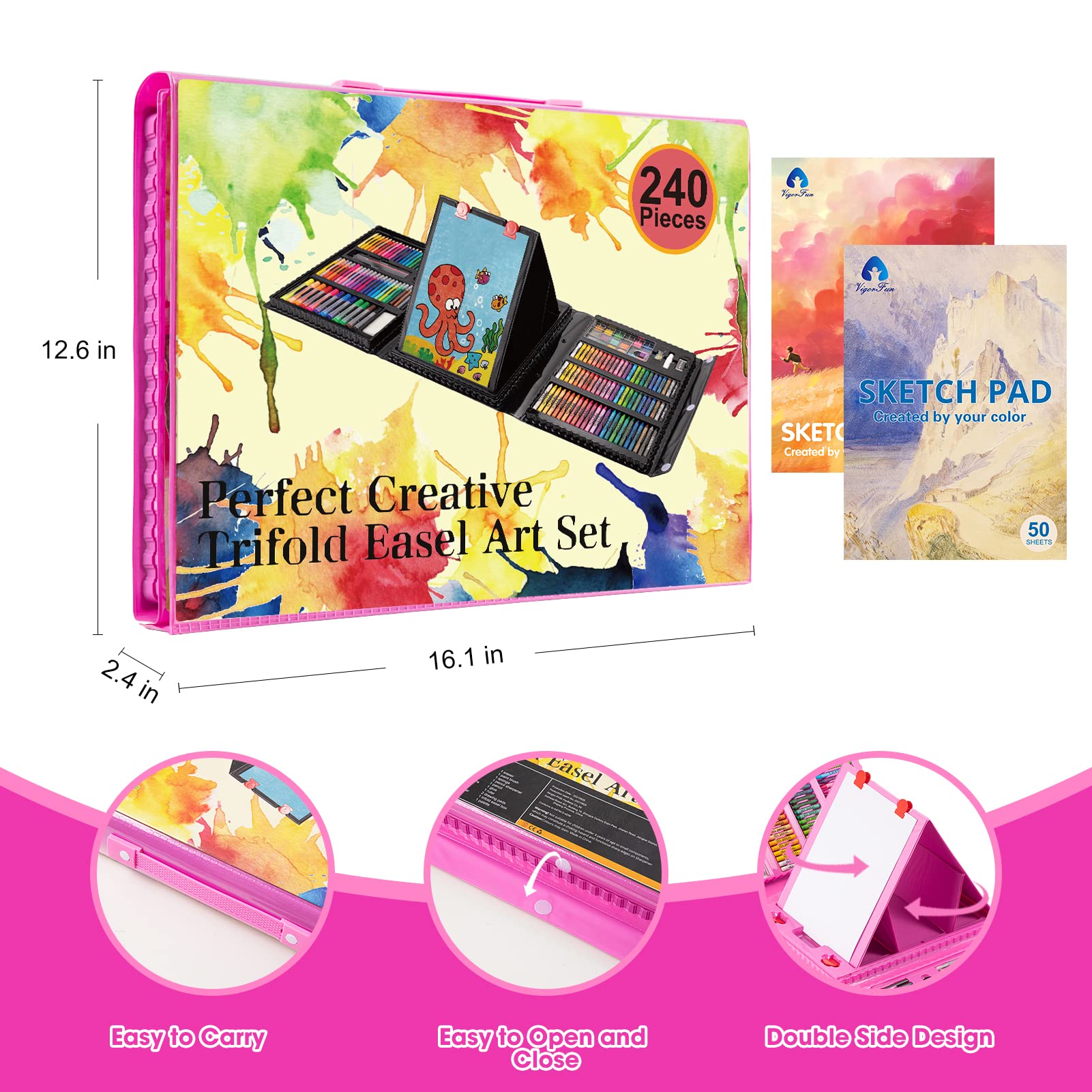 VigorFun Art Supplies, 240-Piece Drawing Art Kit, Gifts for Kids Girls Boys Teens, Art Set Crafts Case with Double Sided Trifold Easel, Includes Sketch Pads, Crayons, Colored Pencils (Pink)