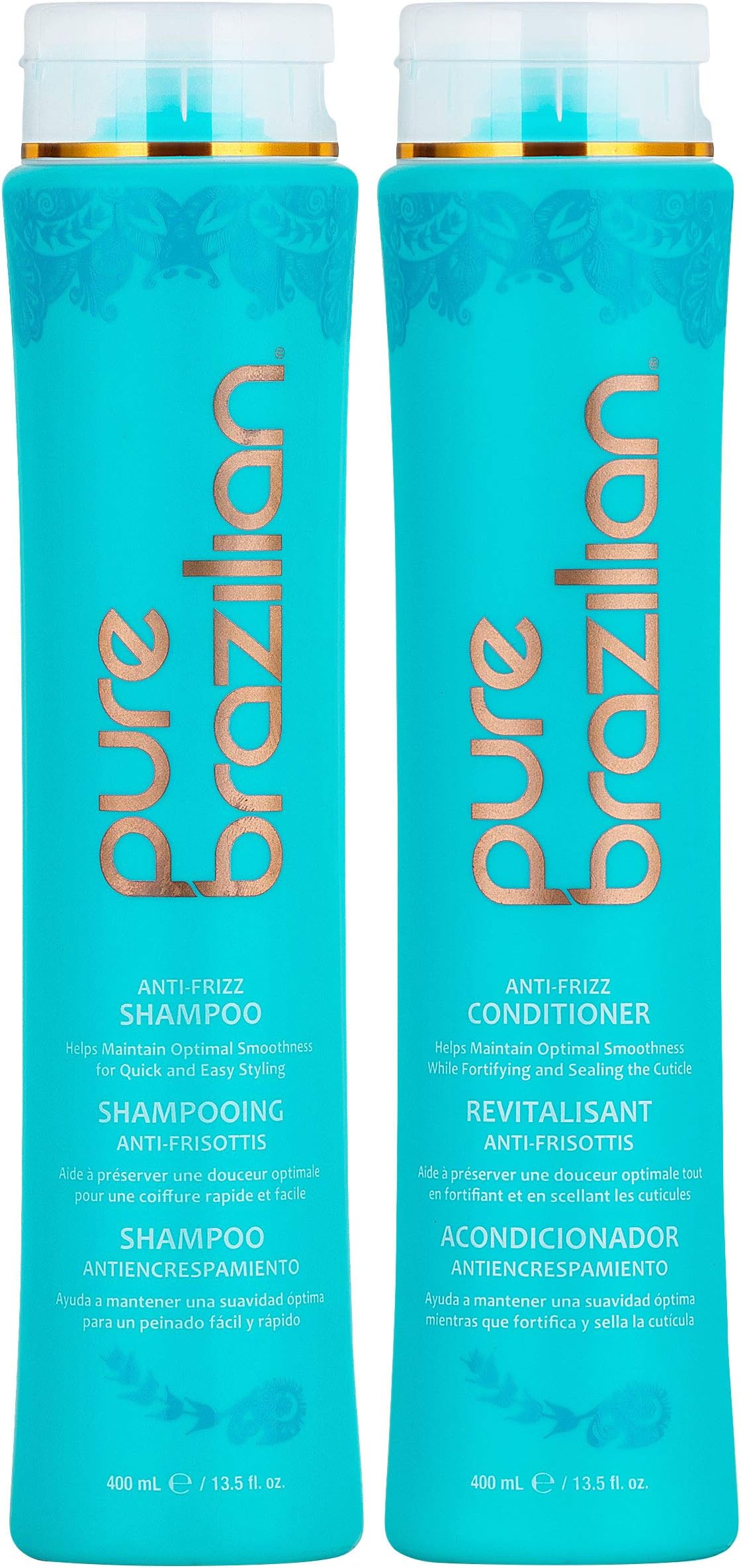 PURE BRAZILIAN Anti Frizz Daily Shampoo & Conditioner - Salt-Free & Color Safe Shampoo & Conditioner Enriched With Keratin, Argan Oil, and Acai (13.5 Ounce / 400 Milliliter)