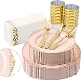 Fijinhom 350pcs Pink Plastic Plates, Elegant Disposable Dinnerware Set, 125 Pieces, White and Gold, Plates, Cups, Cutlery and Napkins (Pink, 50 Guests)
