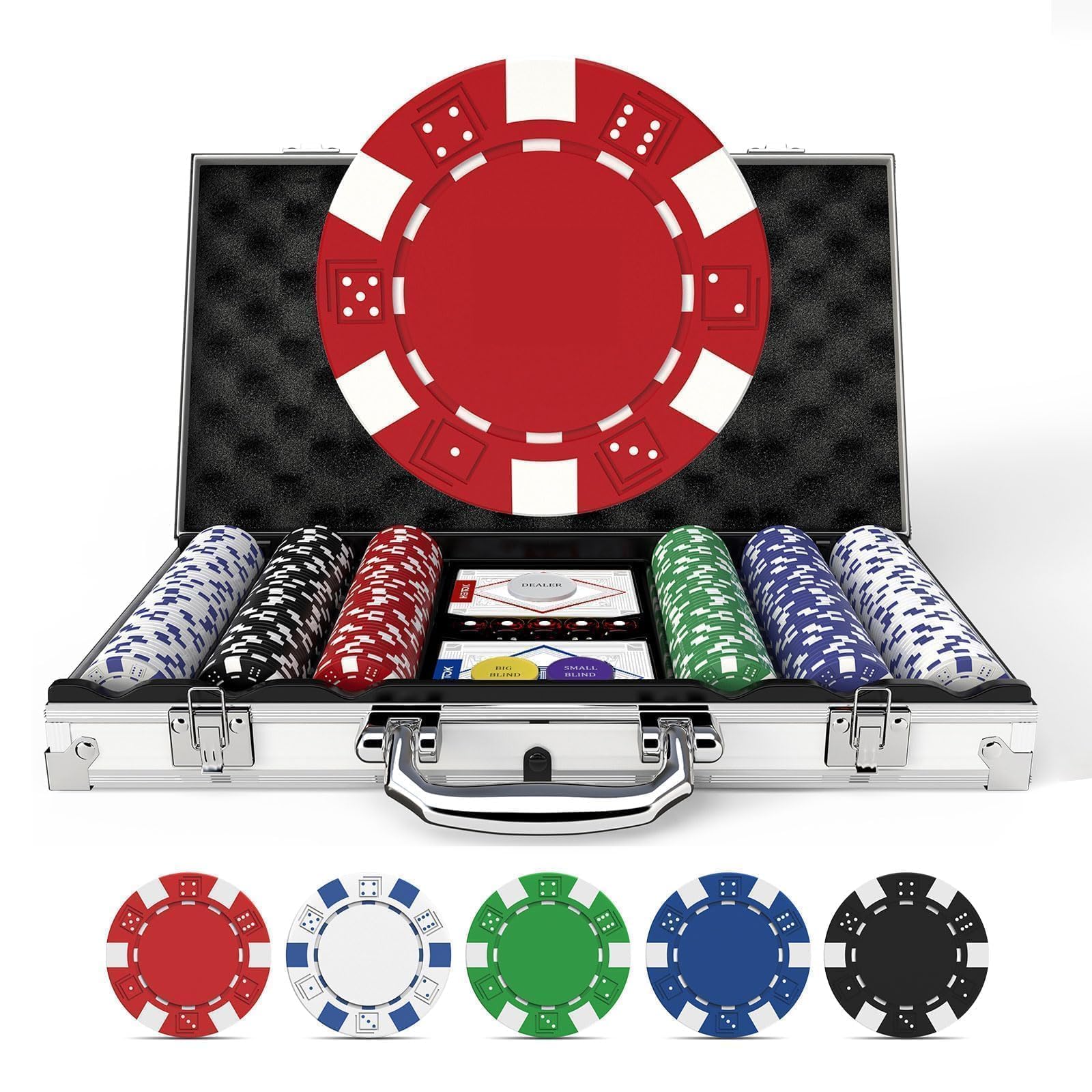 HEITOK 300 Piece Poker Chip Set 11.5g Heavyweight Casino Style Composite Chips With Aluminium Case Playing Cards Blind Buttons And Dice For Texas Holdem Blackjack Professional Gambling Game Night