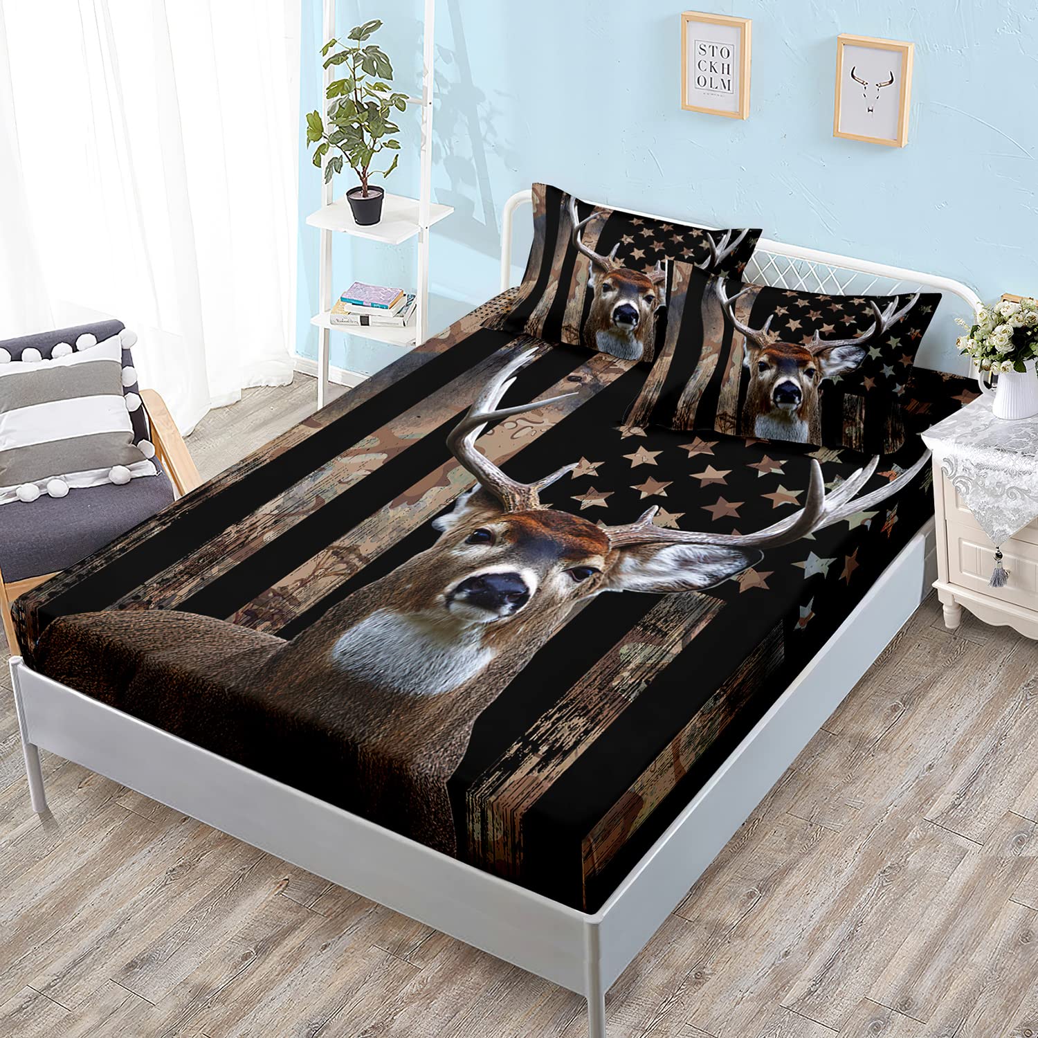 Photo 1 of HOSIMA Deer Hunting Camo Bedding,Hunter Bedding Set American Flag Fitted Sheet Set Queen Size for Adult Teen Boy Bedroom Decor,1 Fitted Sheet+2 Pillowcases.