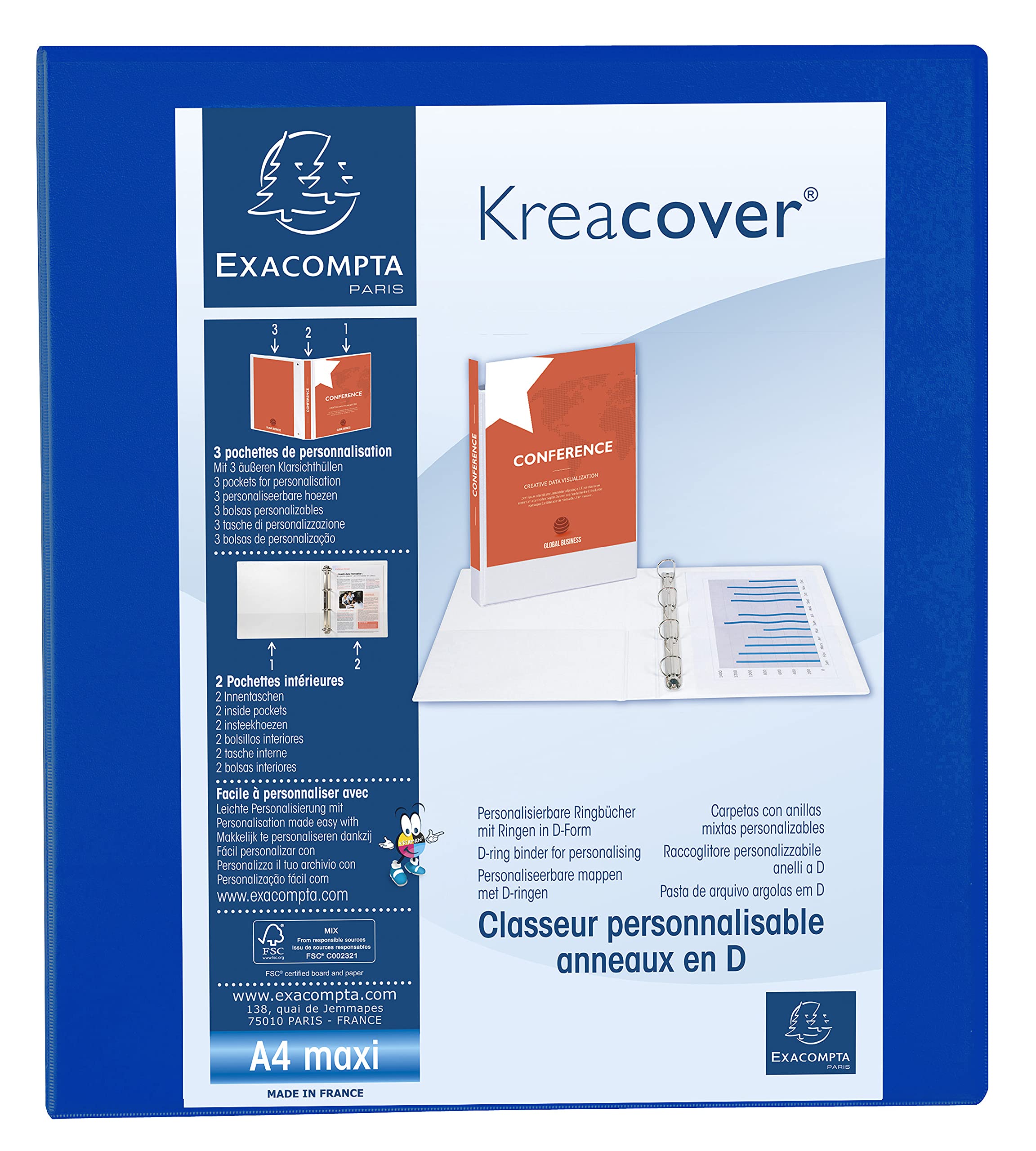 Exacompta - ref. 51823BE - 1 customizable rigid opaque binder with 3 pockets - 2 D-rings of 40 mm - Spine 64 mm - External dimensions: 32 x 28.5 cm - Format to be filed A4 Maxi - Colour: blue