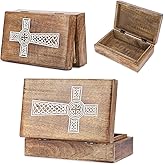 Ajuny Handcarved Mango Wood Jewelry Box French Rope Cross Design keepsake & Trinket Organizer Multipurpose Vintage Treasure Chest with Hinged Lid Handmade Gift for Women & Girls (White/Brown, 8x5 In)