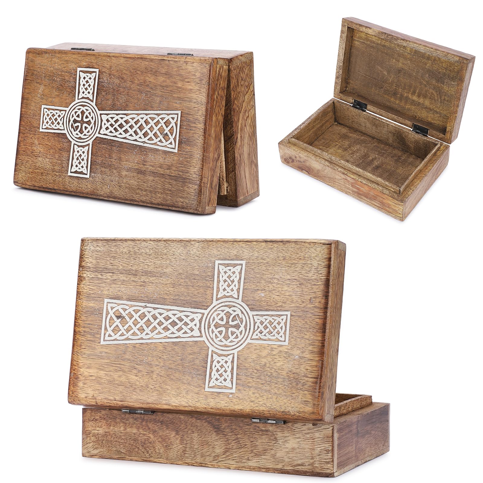 Ajuny Wooden Jewellery Box with Cross Carving – Handmade Mango Wood Keepsake/Trinket Organiser, Travel Storage for Rings, Necklace & Watch, Gift for Women & Men Christmas, 8 x 5 Inch