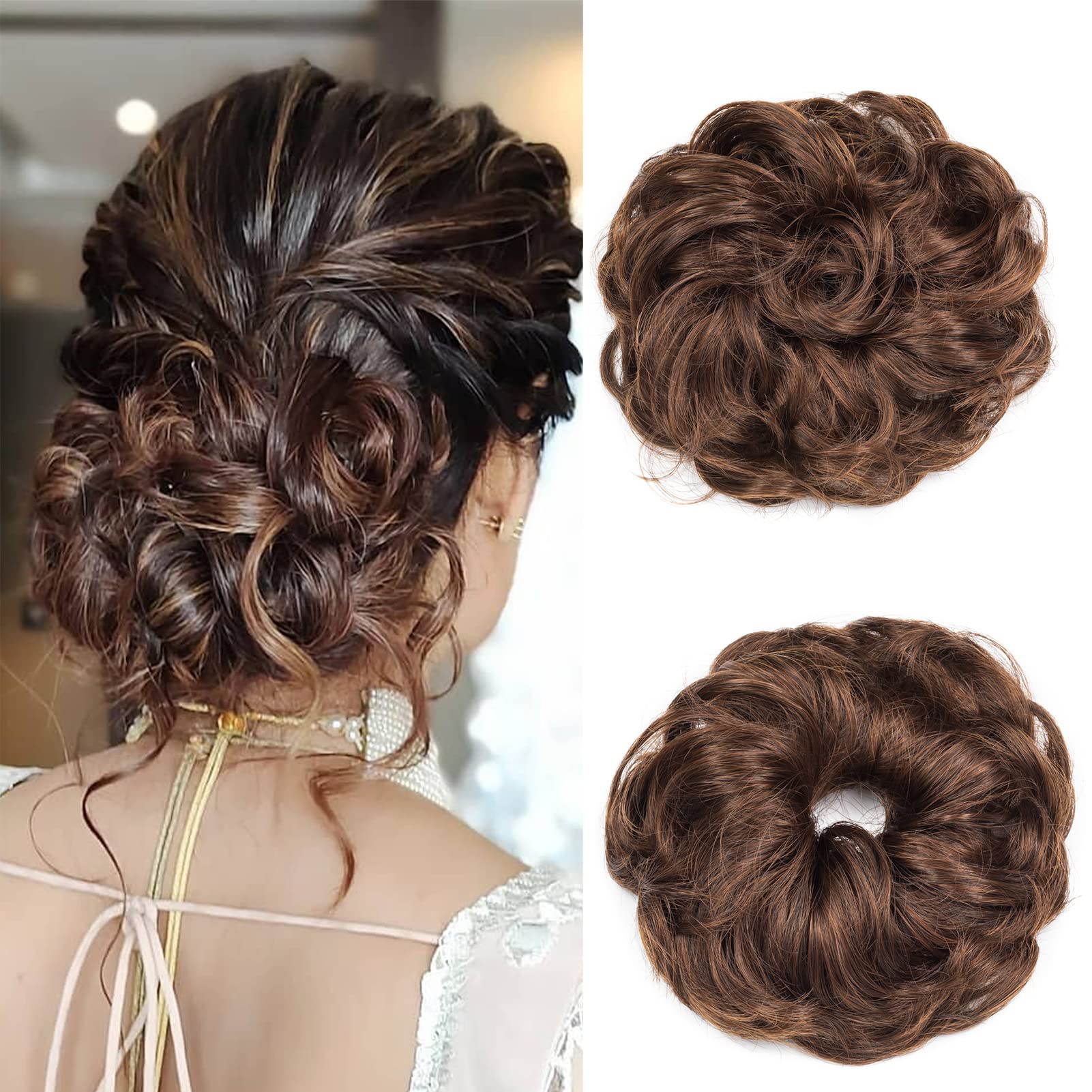 Gairyan Messy Hair Bun Hair Scrunchies Hairpeces Tousled Updo Hair Messy Bun for Lady 40g Curly (Dark Brown & Light Auburn)