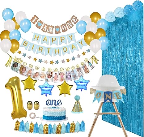 Amazon Co Jp 1歳の誕生日 男の子 デコレーションとパーティー用品 133個 1歳の誕生日バナー ハイチェア バルーン 12ヶ月の節目 ガーランド ケーキトッパー ポンポン パーティーハット 背景 ブルー パールホワイト ゴールド 装飾パック おもちゃ