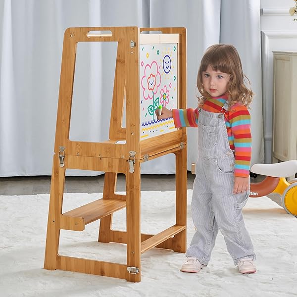 TODDLER TOWER – TODDLER STOOL FOR KITCHEN – 3-IN-1 TODDLER KITCHEN STEP STOOL – FOLDABLE TODDLER TOWER FEATURES: TABLETOP, STEP STOOL LADDER, AND WHITEBOARD WITH INCLUDED MARKERS AND DRY ERASER