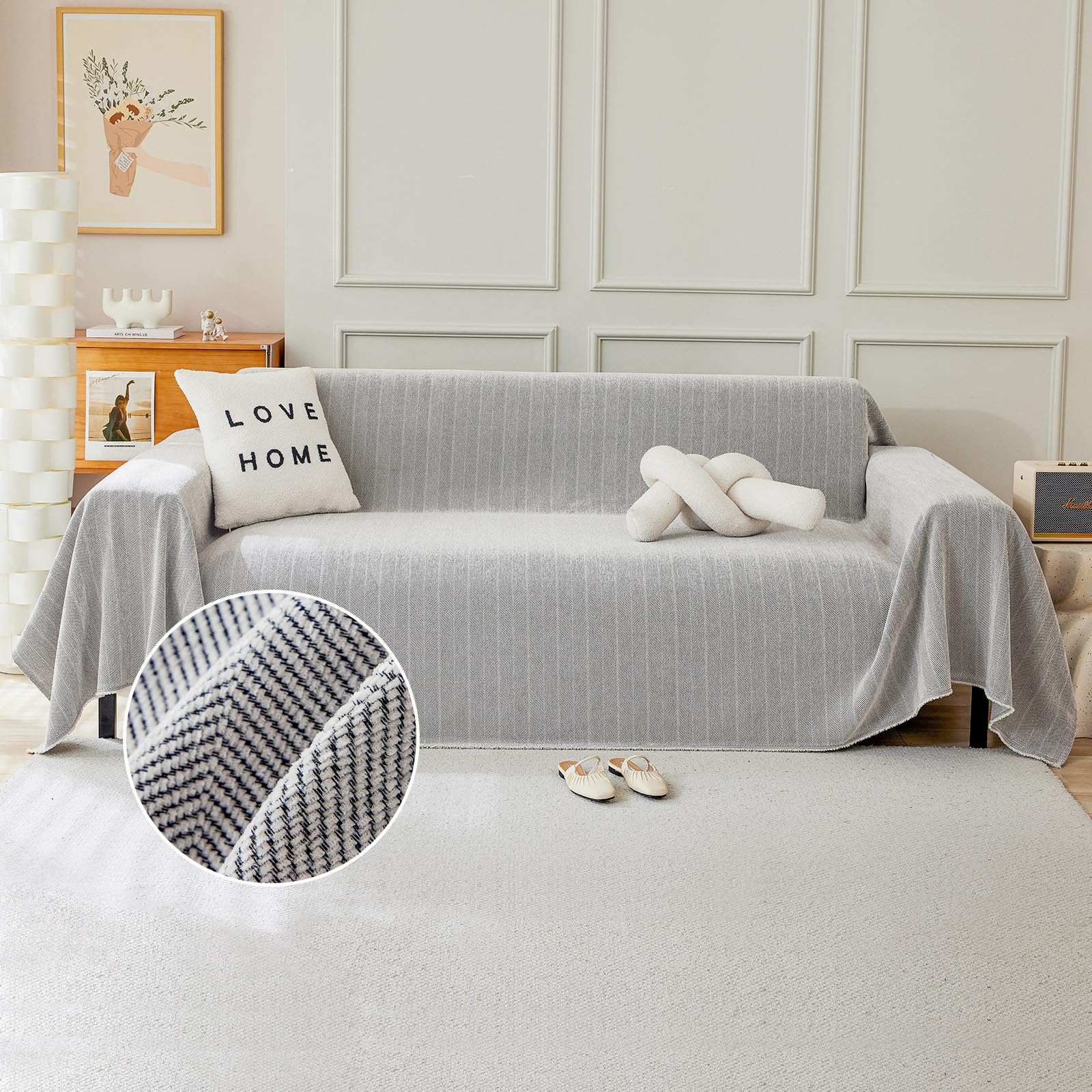 TAOTAOGO Sofa Cover 3 4 Seater Chenille Corner Sofa Slipcover Washable L Shape Sectional Couch Cover Furniture Protector for Pet All-Season B Herringbone Light Grey 180x340cm