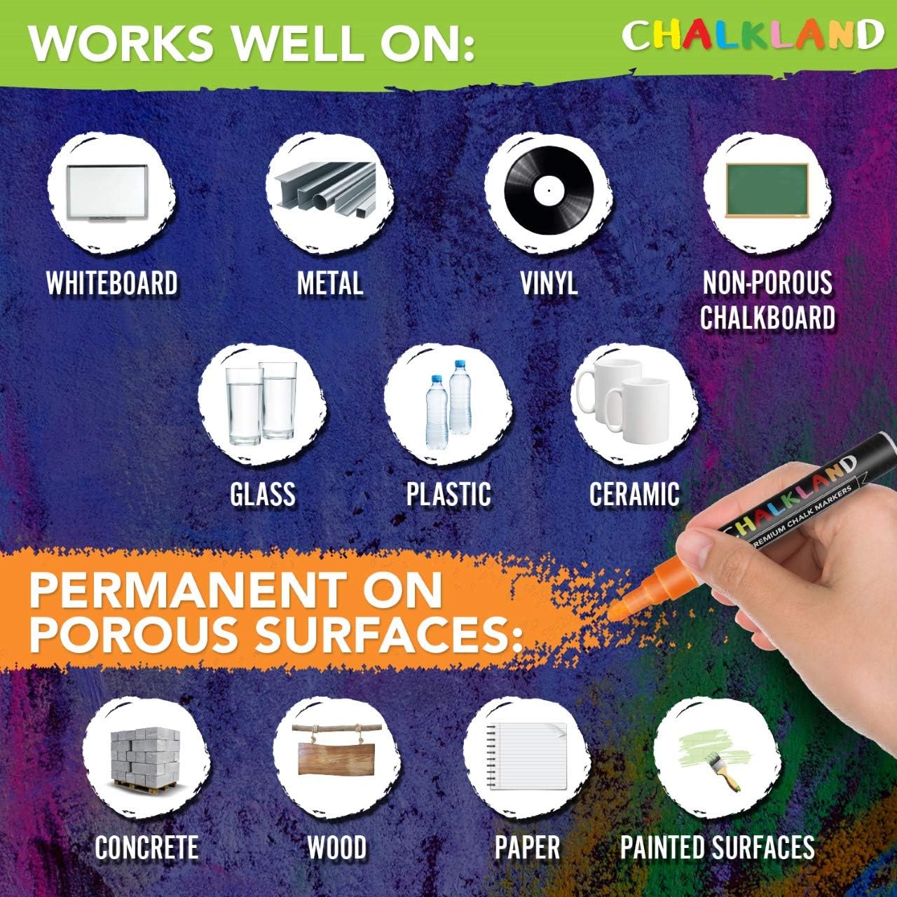 CHALKLAND Set of 10 Vibrant + Metallic Blackboard Markers - Liquid Chalk Markers for Chalkboard Signs - Non-Toxic Easy to Clean Chalkboard Pens - Car Window Markers - Chalk Marker - Chalk Pen : Office Products