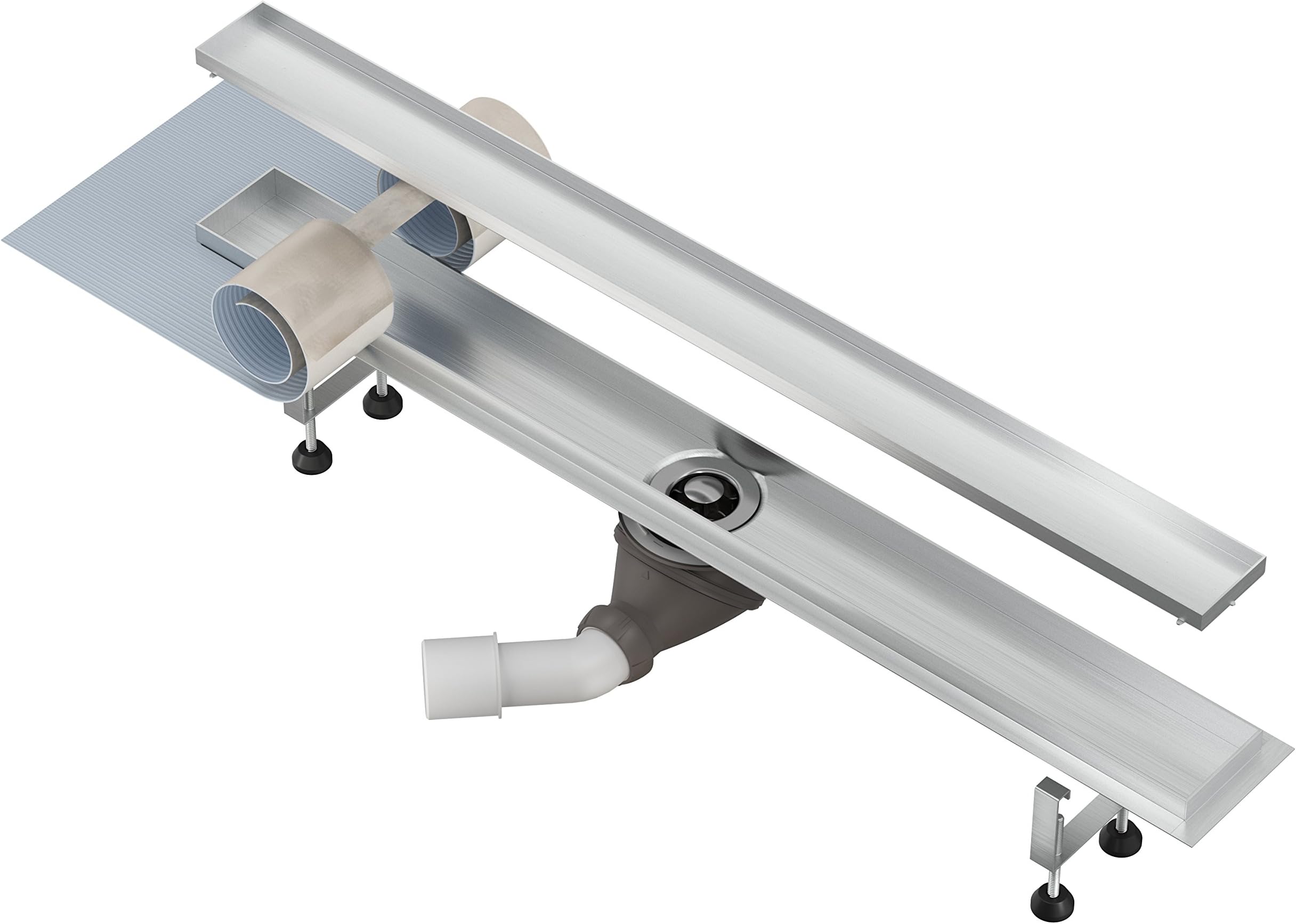 Stainless Steel Shower Drain Channel NORDONA® Complete Basic incl. Hair Filter| Length: 70 cm | Incl. Tileable Body | Wirquin Waste Trap 360° | Outflow Centered | Mounting Accessories
