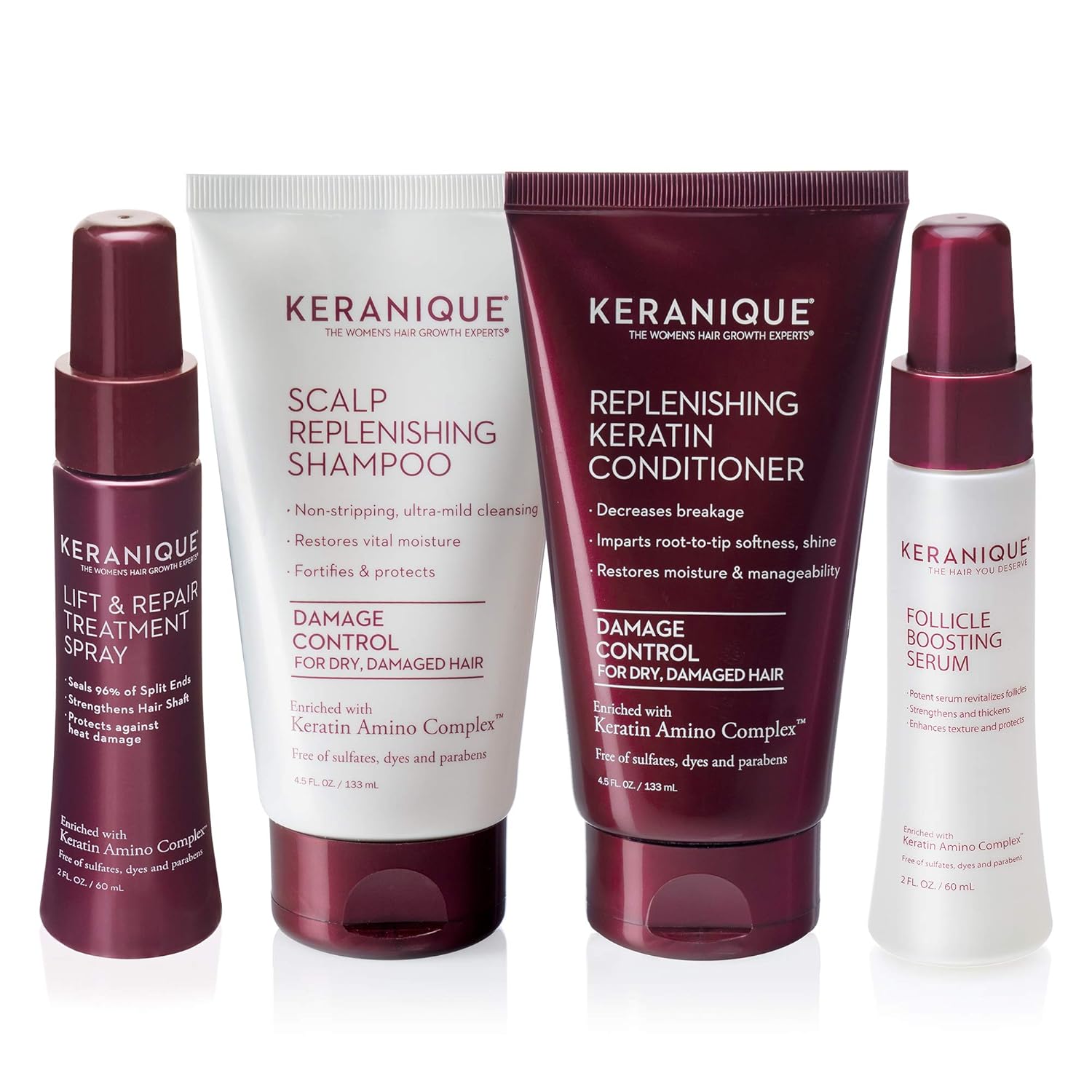 Keranique Thicker Fuller Hair 30 Days Kit with Keratin Shampoo, Conditioner, Follicle Boosting Serum and Lift and Repair Treatment for Damaged Thinning Hair, Paraben/Sulfates Free