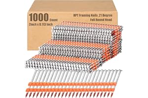 Therwen 1000 Count 21 Degree Framing Nails Full Round Head Collated Framing Ring Shank Hot Dipped Galvanized Nails Plastic Row Fixed for All Pressure Treated Lumber(2 Inch X 0.113 Inch)