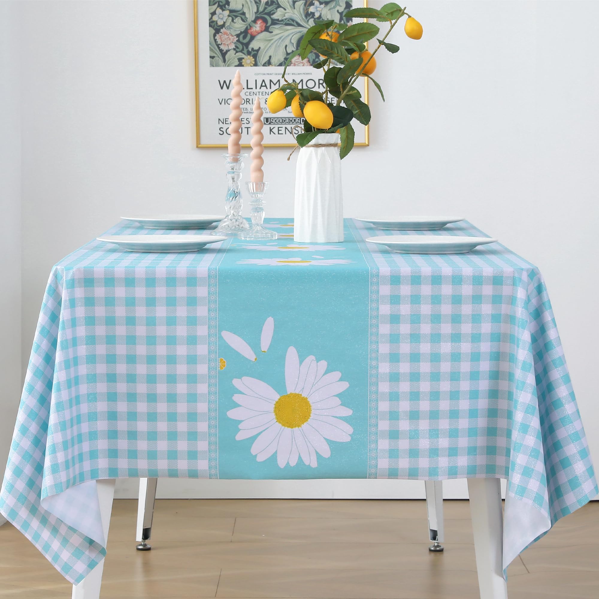 Rayapot Square Table Cloth PVC Wipe Clean Tablecloth Wipeable Plastic Vinyl Stain Resistant Waterproof Oil-proof Spill Proof Table Cover Protector for Kitchen Dining - Daisy Plaid - Blue - 140x140cm โ image 1