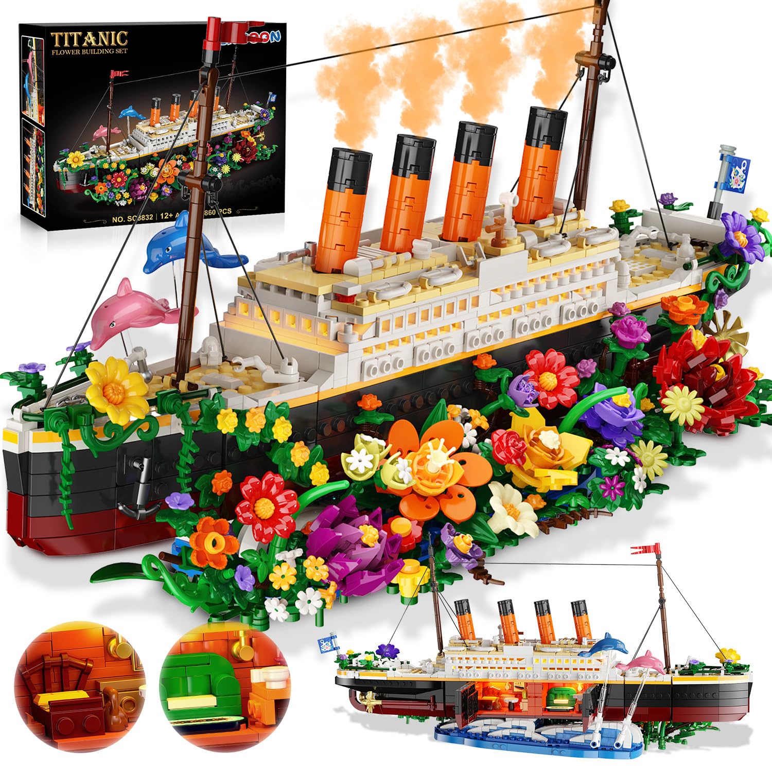 INSOON Blumen Titanic Bauspielzeug mit Licht, 1860 Stück Titanic Schiff Modell Klemmbausteine mit Blumen & Pflanzen, Deko Bausteine Geschenk für Erwachsene Jugendliche Jungen Mädchen ab 12 Jahren