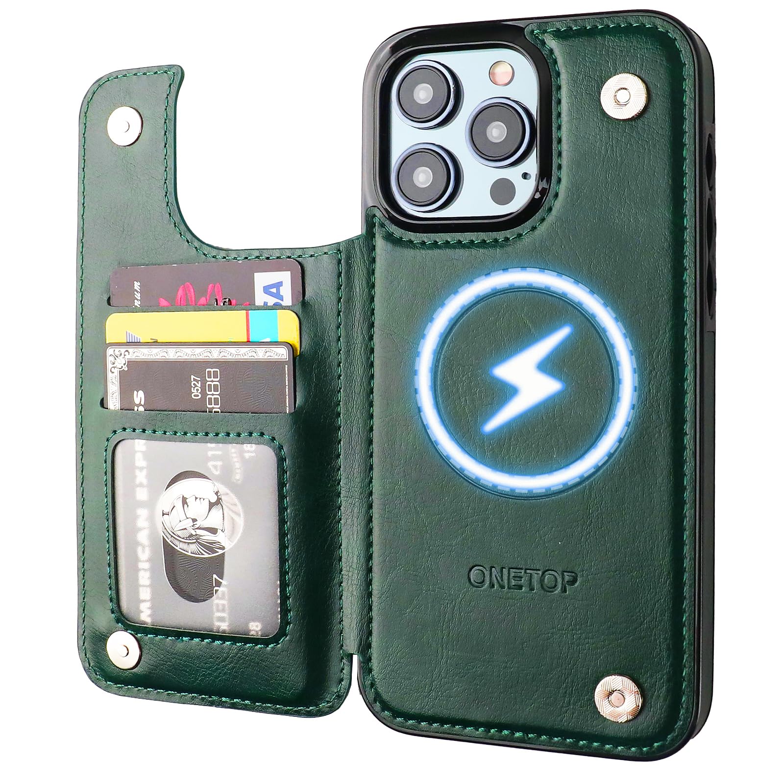 ONETOP Compatible with Magsafe for iPhone 15 Pro Max Wallet Case with Card Holder, PU Leather Kickstand RFID Blocking Case, Double Magnetic Clasp and Durable Shockproof Cover 6.7 Inch (Green)
