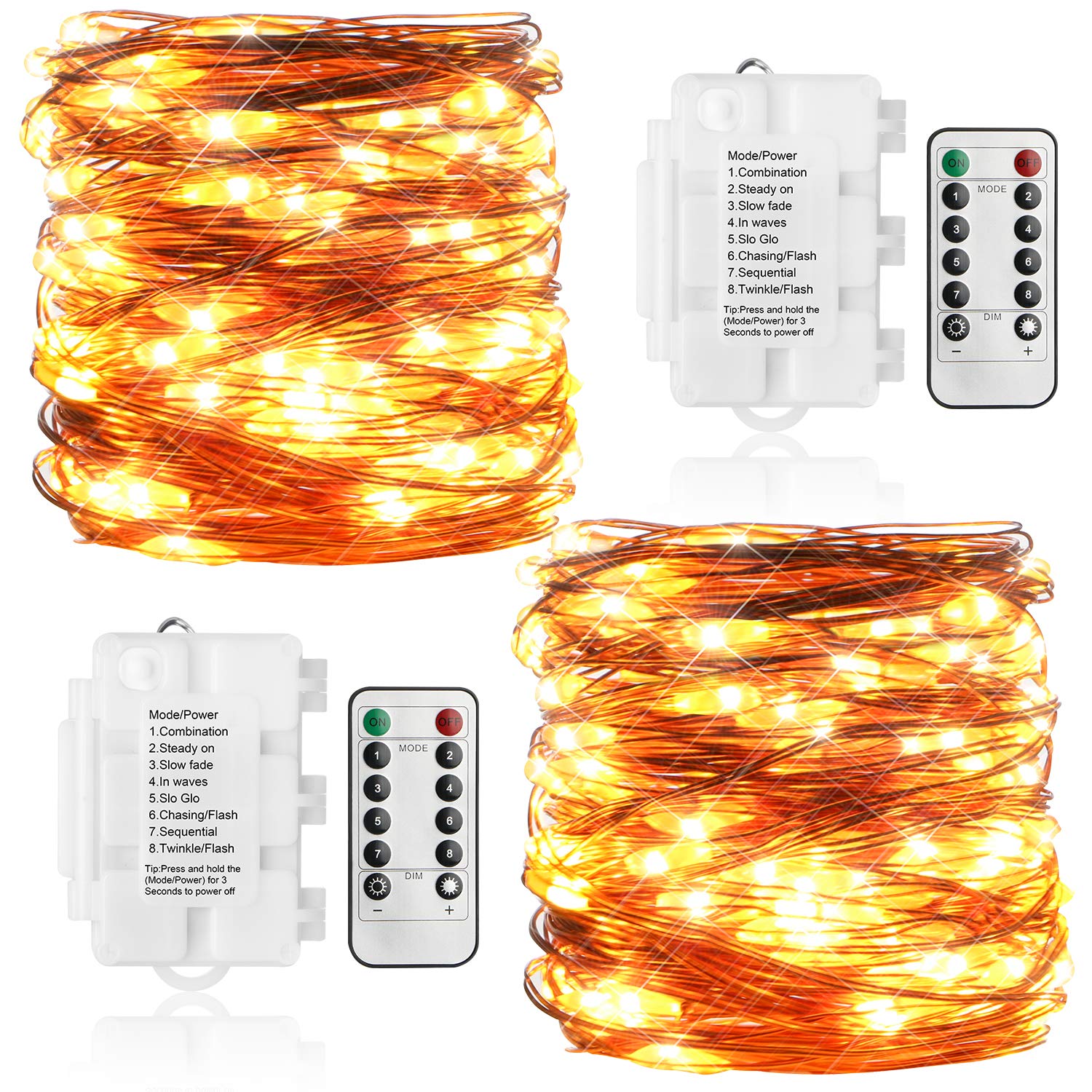 [2 Pack] KooPower Outdoor Fairy Lights Warm White, [Remote & Timer] 10M