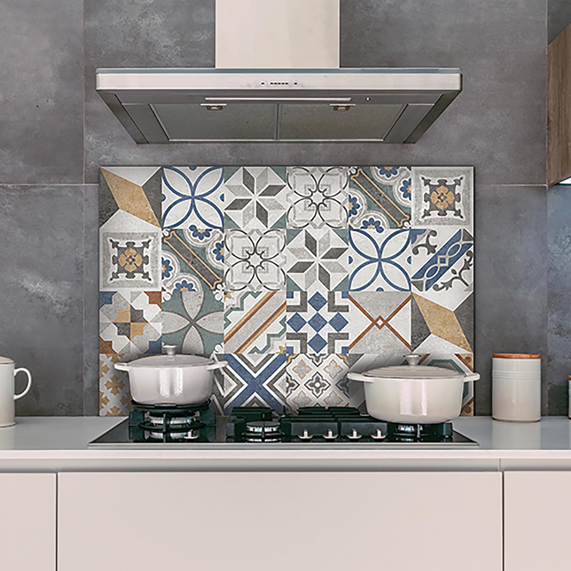 Crearreda Panneau Anti-Éclaboussures De Cuisine En Aluminium Cement Tiles Florence 72 X 48 Cm, Facile À Appliquer, Fabriqué En Italie, Protection Pour Cuisinière Et Évier Lavable Et Facile À Assembler
