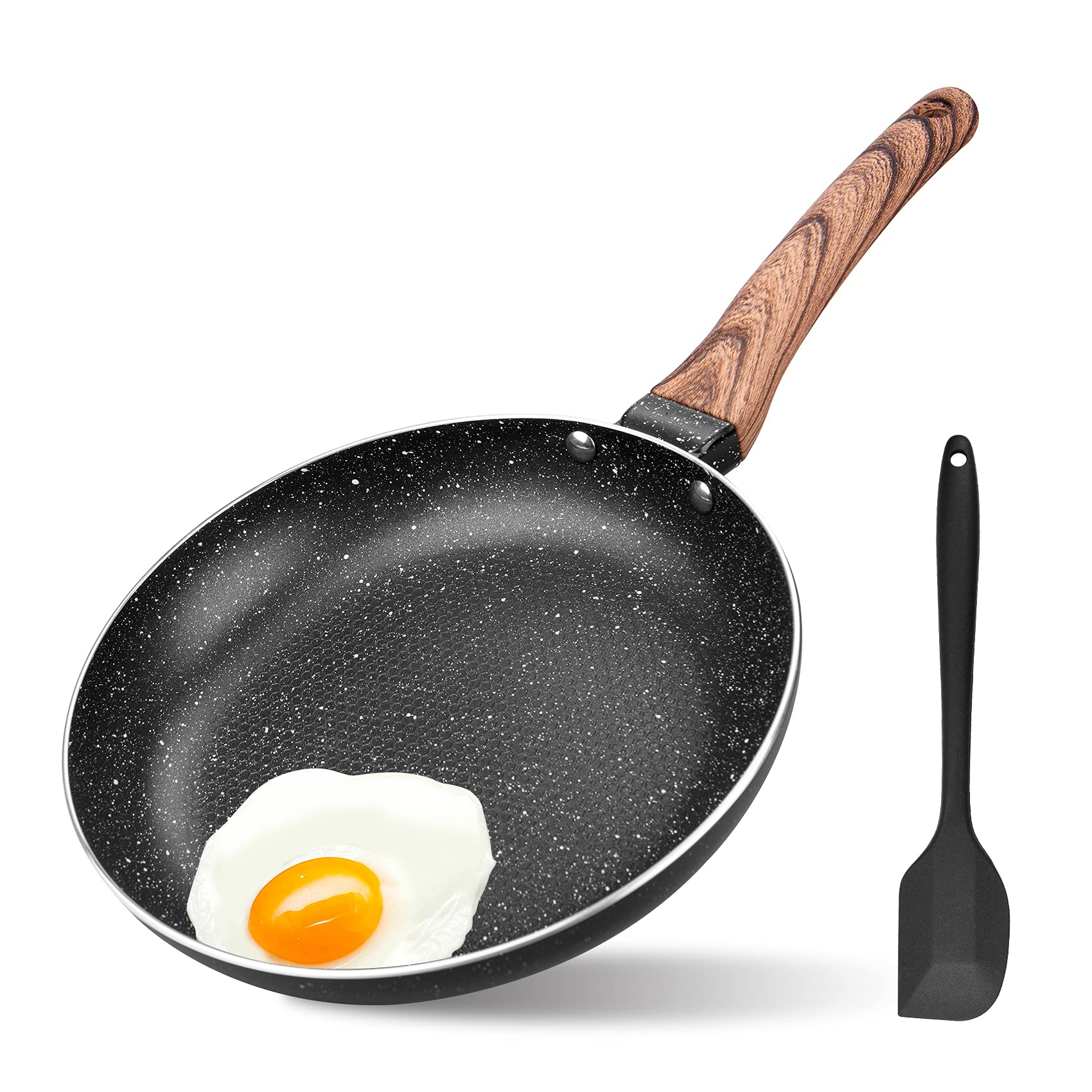 Non Stick Frying Pan 24cm with Heat-Resistant Soft Bakelite Handle, Granite Induction Frying Pan for Induction, Electric and Gas Hobs, Omelette Pan Less Oil Fumes (Black)