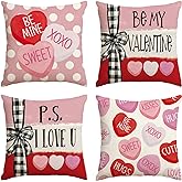 AVOIN colorlife Be My Valentine Red Candy Heart Throw Pillow Covers, 20 x 20 Inch Valentine Stripes Wedding Cushion Case Decoration for Sofa Couch Set of 4