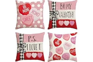 AVOIN colorlife Be My Valentine Red Candy Heart Throw Pillow Covers, 18 x 18 Inch Valentine Stripes Wedding Cushion Case Decoration for Sofa Couch Set of 4