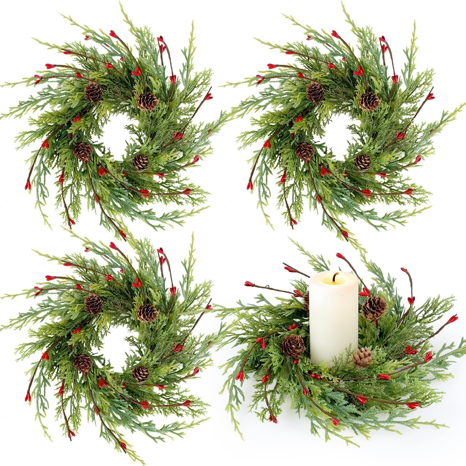 Photo 1 of 4 Pcs Artificial Christmas Candle Rings 9 Inch Cedar Pine Garland Wreaths with Red Berries Pinecones Wreaths Pine Needles Candle Ring Holder for Christmas Winter Decorations Table Centerpiece