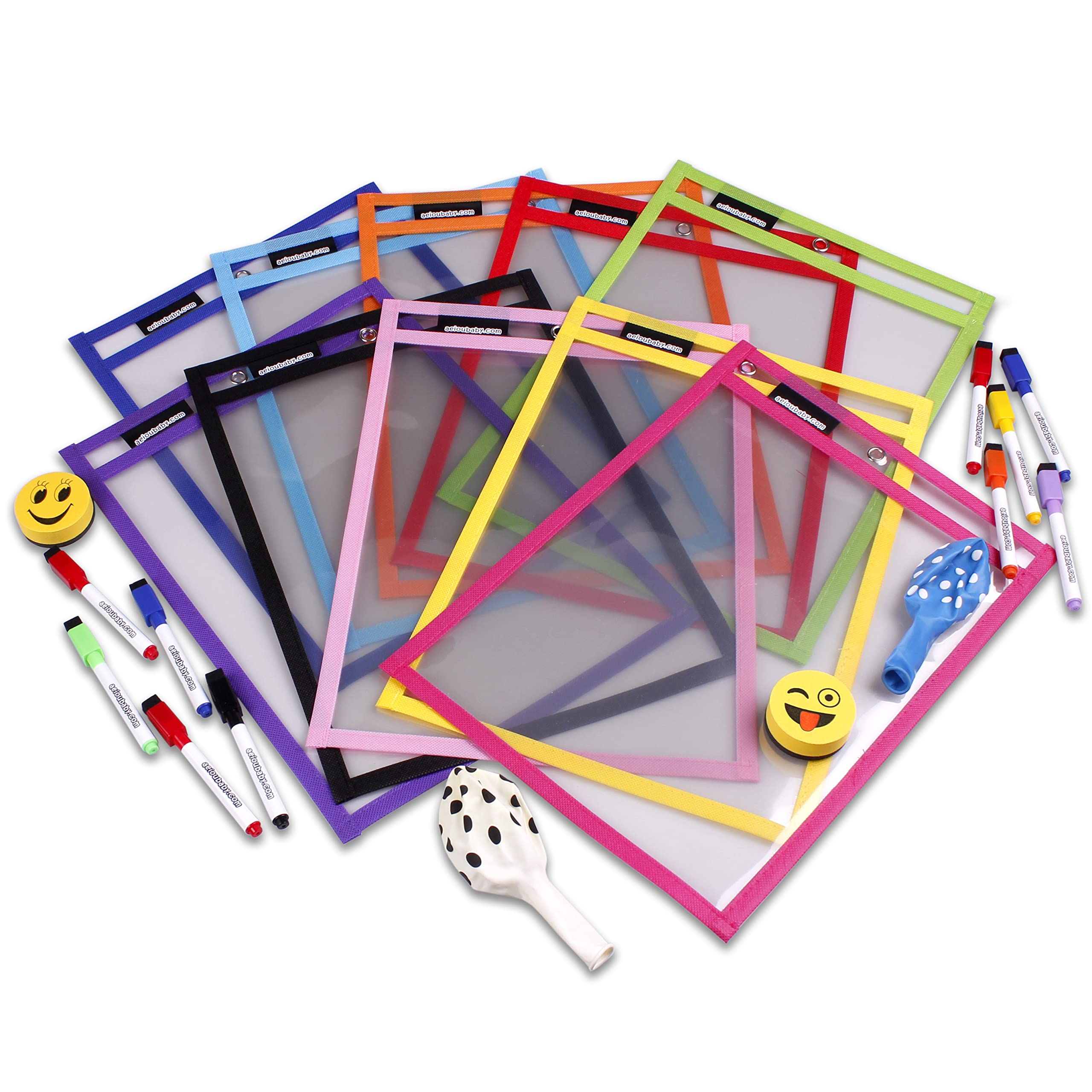 10 Reusable Worksheet Covers A4 Paper | Large Dry-Wipe Pockets 14x10 in. | PET Recyclable Ecological | 10 Colours, 10 Pens, 2 Rubbers and 2 Balloons | School Supplies, Stationery, Nursery, Playgroup