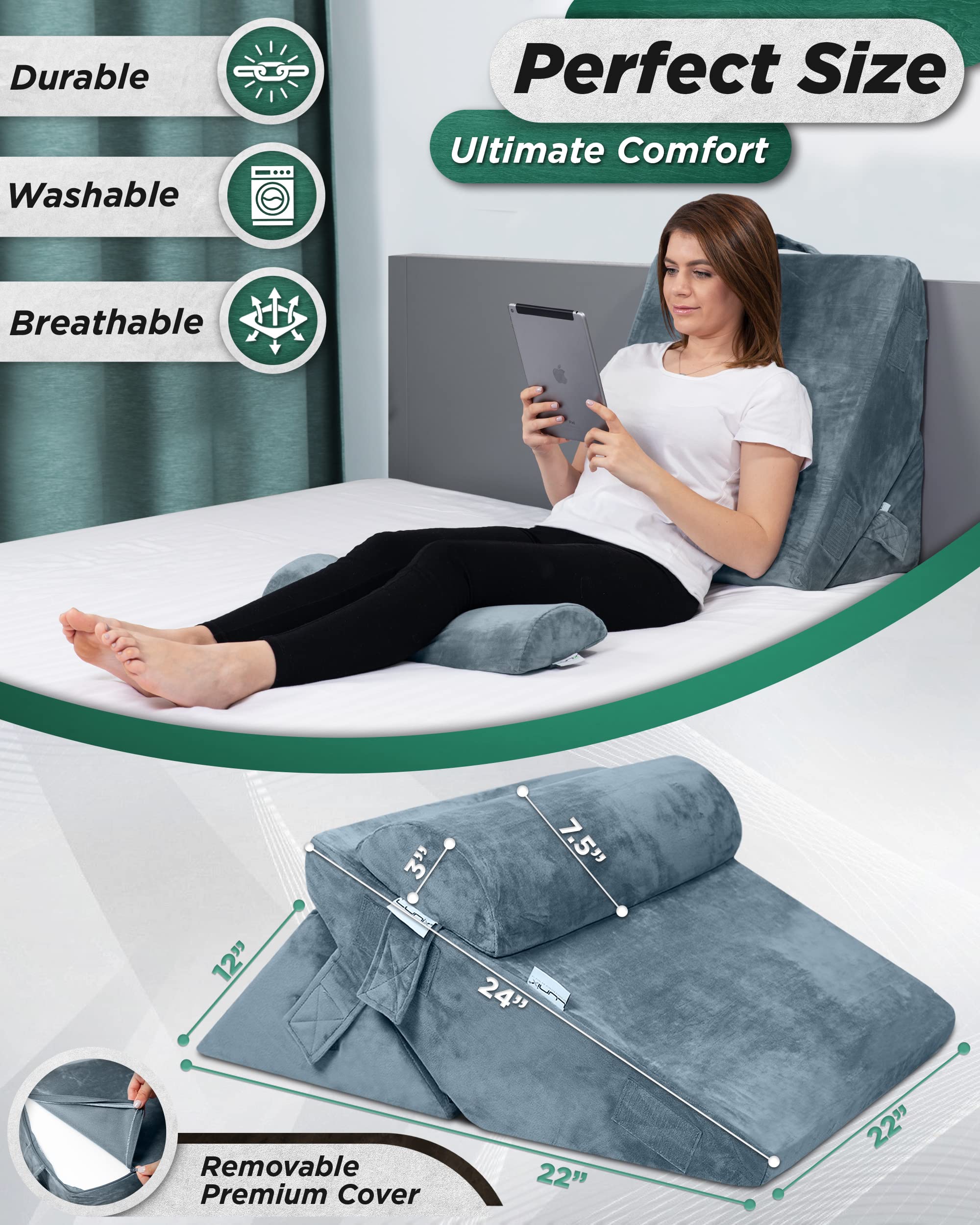 Lunix 3pcs Orthopedic Bed Wedge Pillow Set, Post Surgery Memory Foam for Back, Leg, and Knee Pain Relief, Adjustable Sitting Pillow for Sleeping, Acid Reflux, and GERD, with Hot Cold Pack, Navy