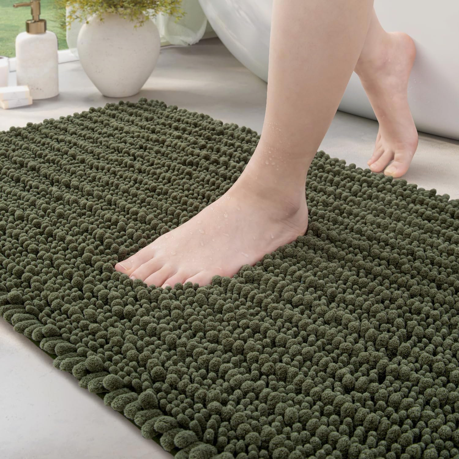 DEXI Chenille Bath Mat 40 x 60 cm, Non-Slip Bathroom Mats, Thick Soft Absorbent Rugs for Shower Floor, Machine Washable Bathmat, Grey