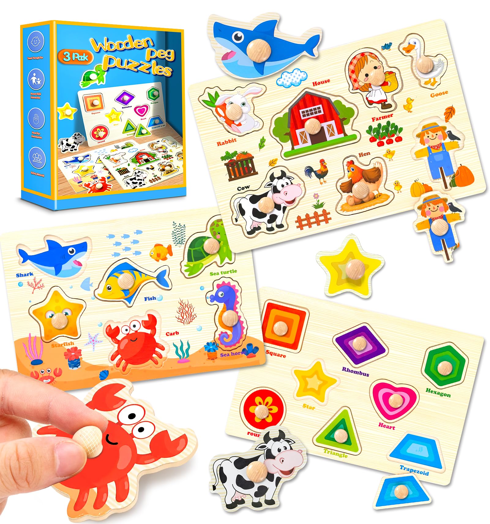 Photo 1 of Wooden Peg Puzzles for Toddlers,Montessori Toddler Puzzles for Child,Fine Motor Skill Learning Puzzles Toys for Baby Boys Girls Gifts-3 Pcs Shape,Farm,Sea Animal