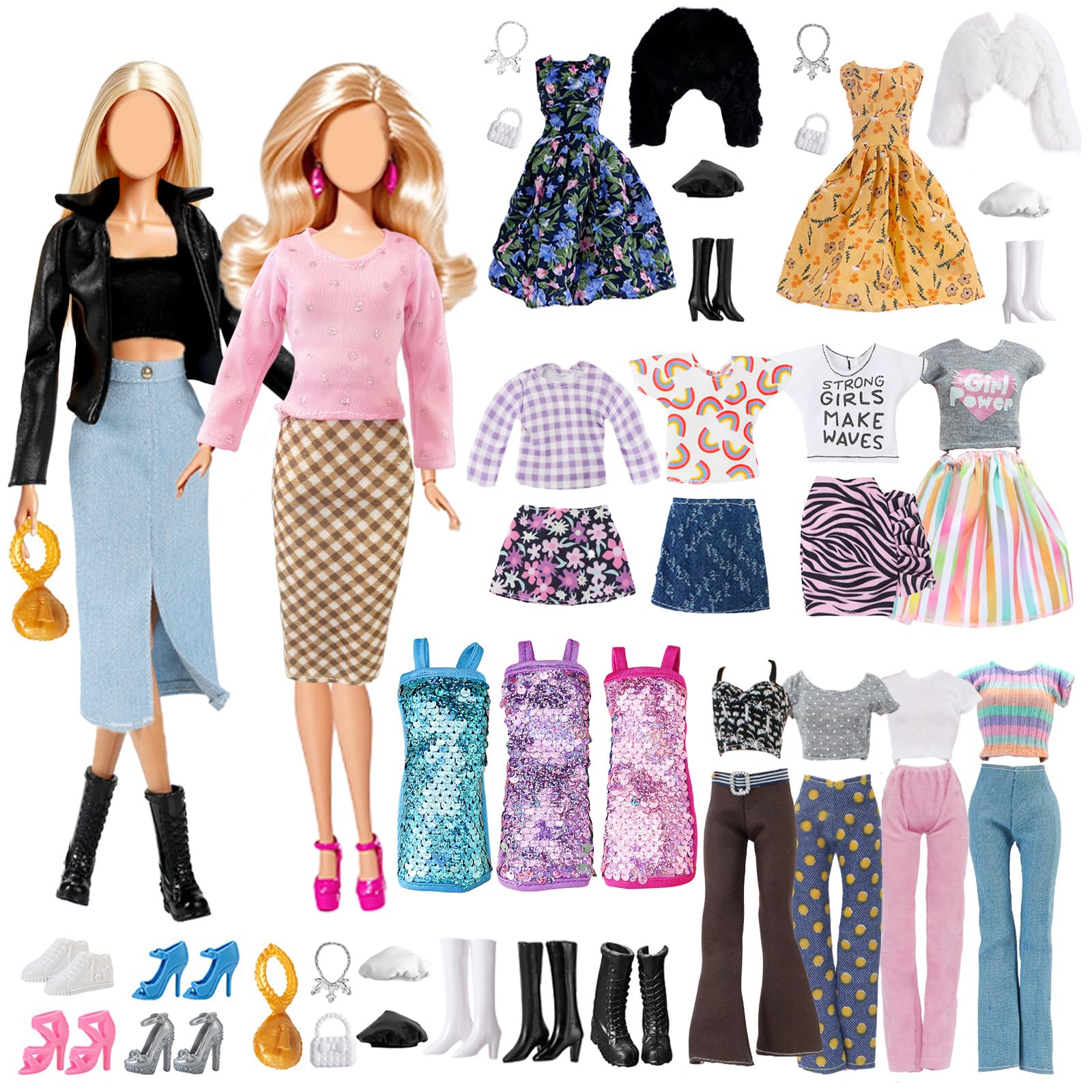 16 Pcs Doll Clothes and Accessories Compatible with Barbie, 1 Leather Coat Set 1 Fashion Dress Set 1 Pencil Skirt Set 2 Outfits 1 Sequen Dress Shoes Bag Necklace Hat In Random, Girls