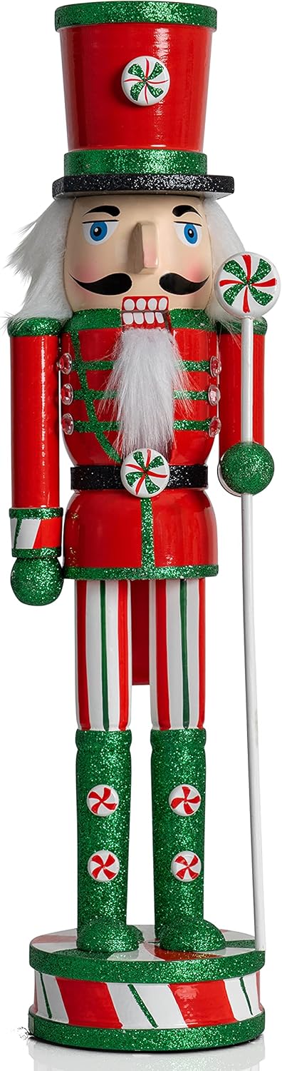 Nutcrackers - Ornativity Wooden Peppermint Christmas Nutcracker - Red, White and Green Glitter Candy Themed Holiday Nut Cracker Doll Figure Toy Soldier Decorations