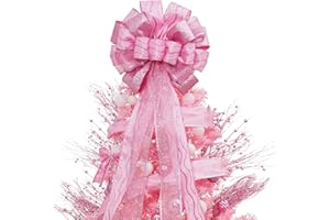 TBD DECOR Christmas Tree Topper, 32x12 Inches Large Toppers Bow with Glitter Satin Mesh Streamer, Pink Christmas Tree Topper for Christmas Home Decoration (Pink),Circle tree topper