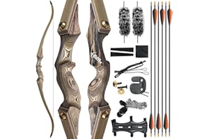60'' Black Hunter Hunting Recurve Bow for Adults Archery Wooden Recurve Bow Kit with 6pcs Pure Carbon Arrows for Shooting Com
